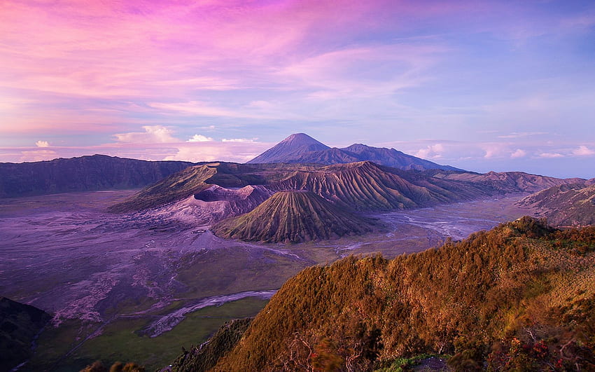 Indonesian landscape, Java Island, Volcano, Dusk . nature HD wallpaper