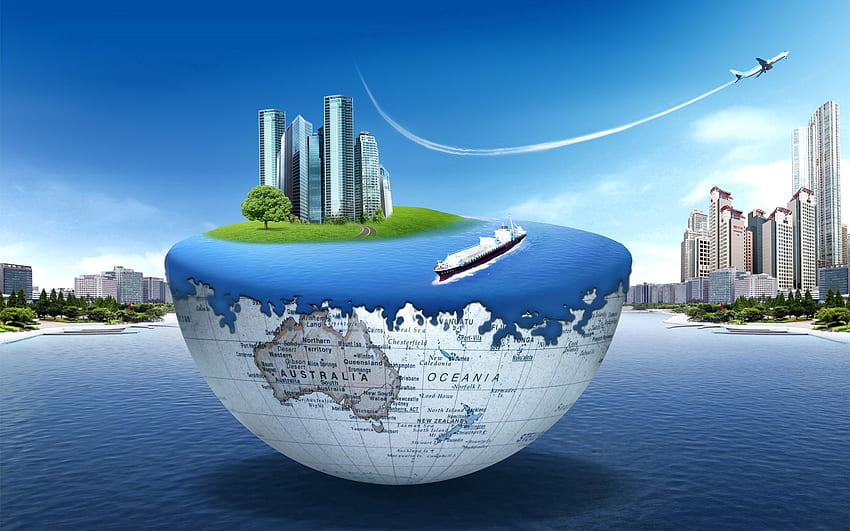 Stadt, Vektor, Ozean, Land, Erde, Flugzeug, Flugzeug, Schiff, Grafik, Globus HD-Hintergrundbild