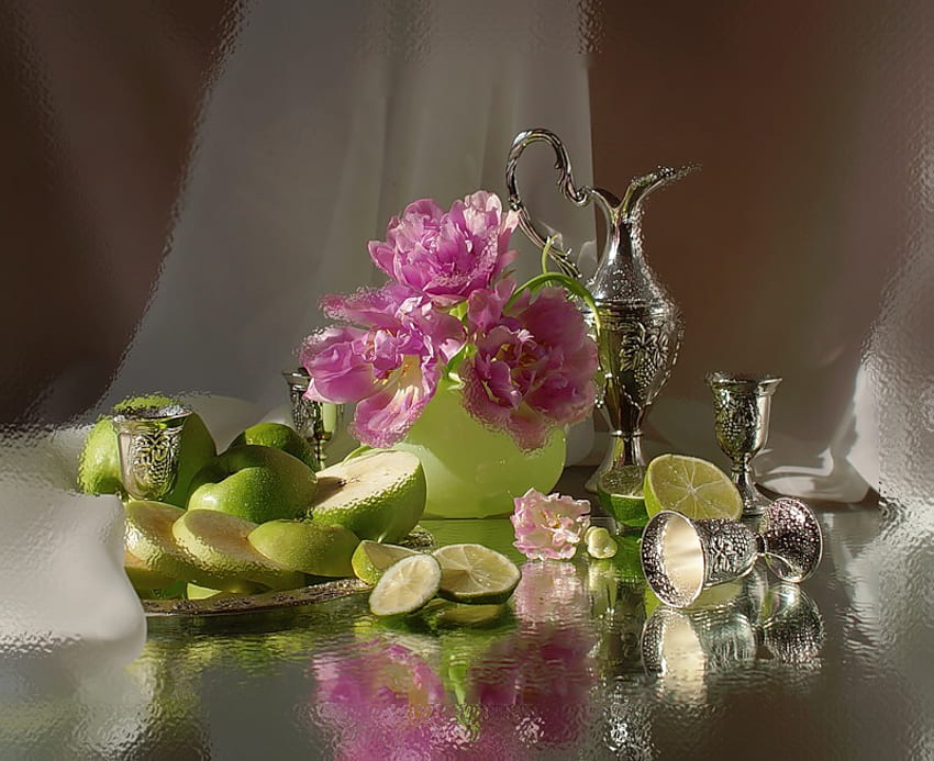 Silver frost, slices, vapors, cups, apples, vases, cloth, dew, granny smith, green vase, beautiful, fruits, platter, curtain, silk, still life, pink, silver, green apples, flowers, lilies, lime HD wallpaper