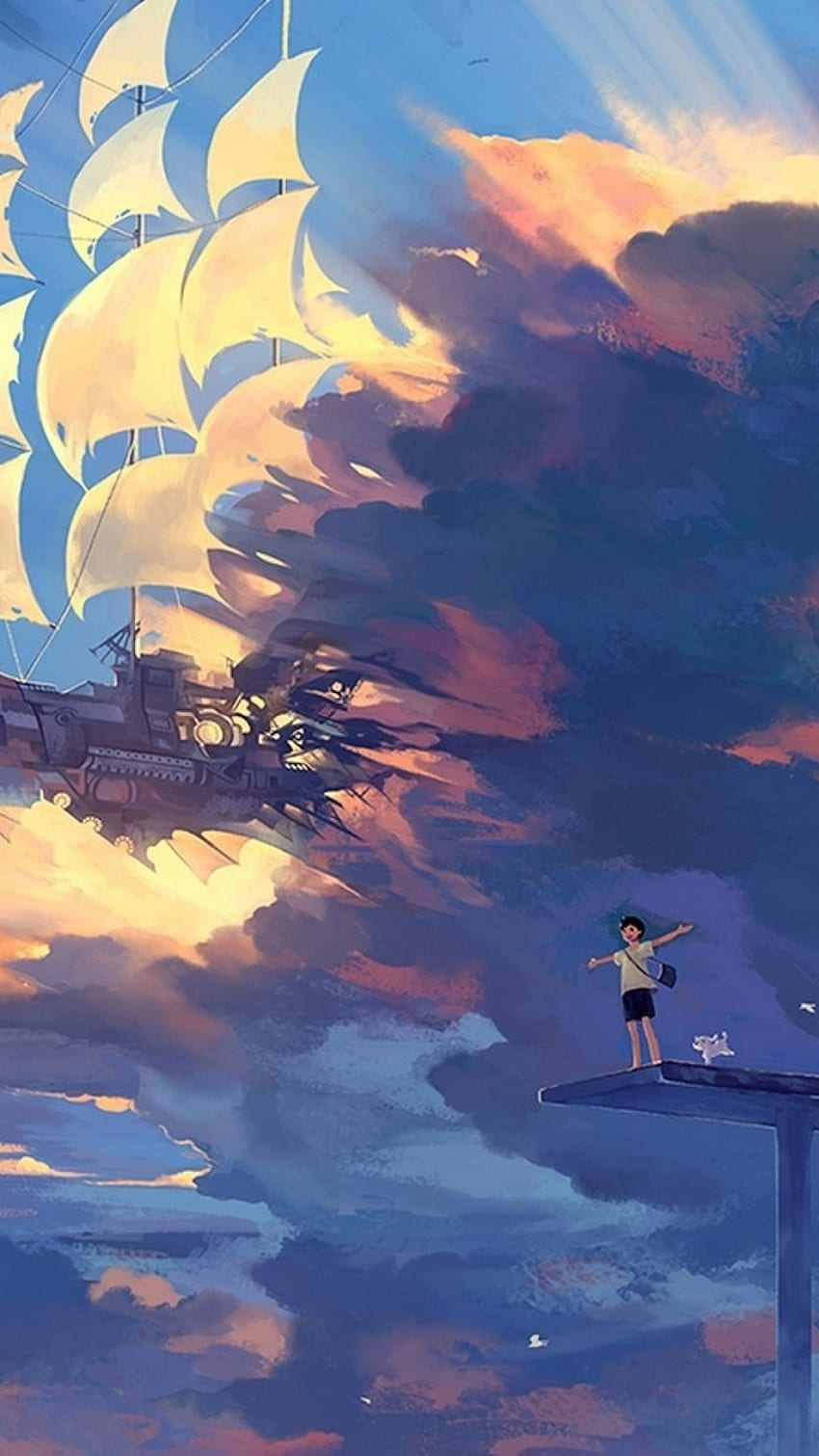 Hanyijie, Sky, Scenery, Ship, Anime, Art - Anime Landscape iPhone HD