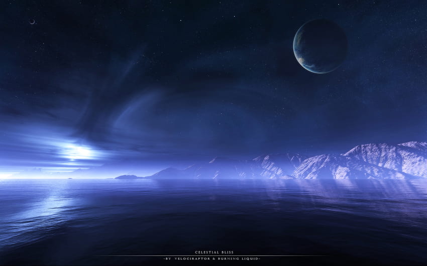 Celestial Bliss, ทะเล, ดาวเคราะห์, แฟนตาซี, แสงจันทร์ วอลล์เปเปอร์ HD