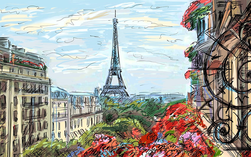 Eyfel Kulesi Çizimi, Sanat Eseri, Eyfel Kulesi, Fransa, Paris, Çizim HD duvar kağıdı