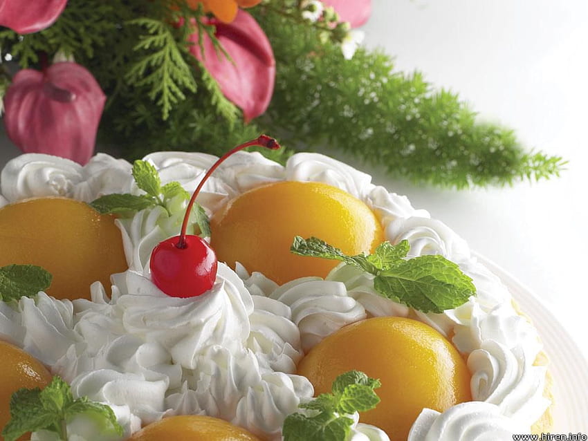 Mango Cake, mango, cherry, dessert, flowers, cake, cream HD wallpaper