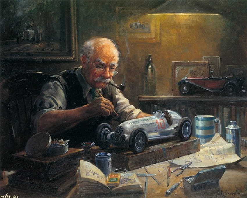 Arte de Alan Fearnley, Alan Fearnley, juguete, pasatiempo, hombre, automóvil, abuelo, pasión, pintura artística fondo de pantalla