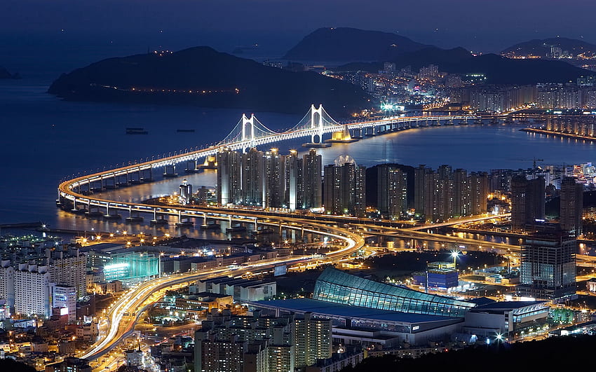 Cities, Night, View From Above, Bridge, r, South Korea, Busan HD wallpaper