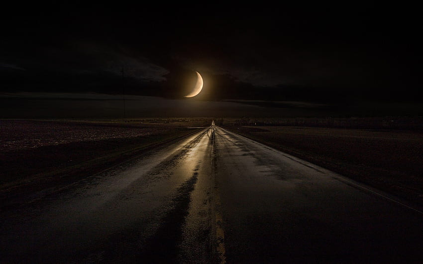 dark, highway, iowa, landscape, midnight, moon, moonlight, nature, rain, road, sky HD wallpaper