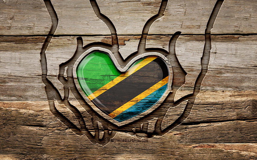 Amo a Tanzania, manos talladas en madera, Día de Tanzania, bandera de Tanzania, Bandera de Tanzania, Cuida a Tanzania, creativo, bandera de Tanzania, bandera de Tanzania en la mano, talla de madera, países africanos, Tanzania fondo de pantalla