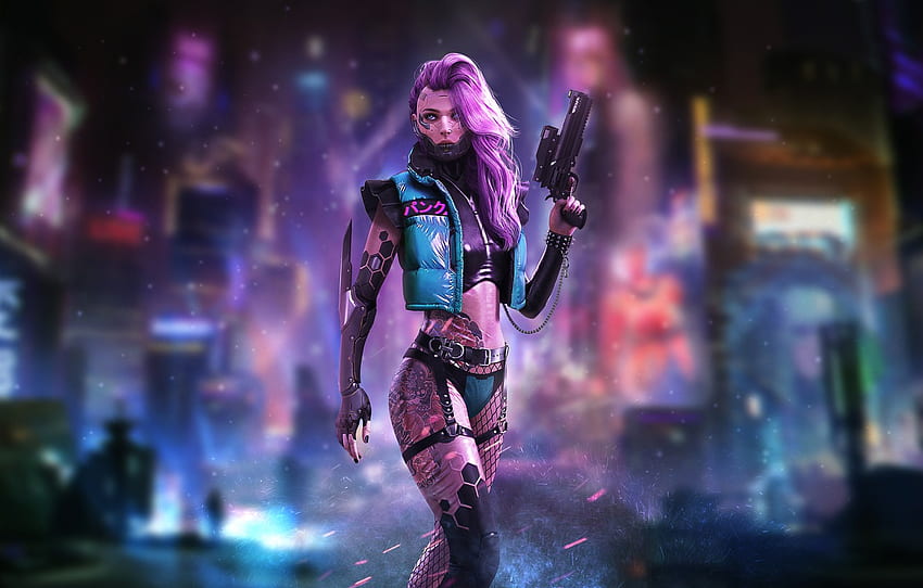 Mädchen, die Stadt, Roboter, Waffe, Neon, Mädchen - Cyberpunk-Mädchen, lila Roboter HD-Hintergrundbild