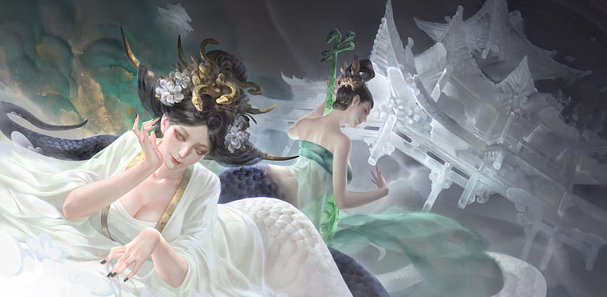 งูขาว งูขาว แฟนตาซี ศิลปะ เขียว ลูมิโน สาว kyu9 frumusete งดงาม ยอดเยี่ยม วอลล์เปเปอร์ HD