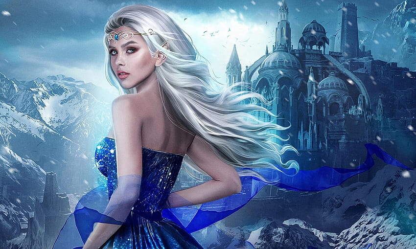 Princesa de invierno, niña, castillo, princesa, mujer, azul, rubia, arte, hermosa, digital, fantasía fondo de pantalla