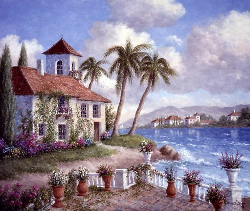 By Dennis Lewan, sea, palm, painting, dennis lewan, art, cottage HD wallpaper