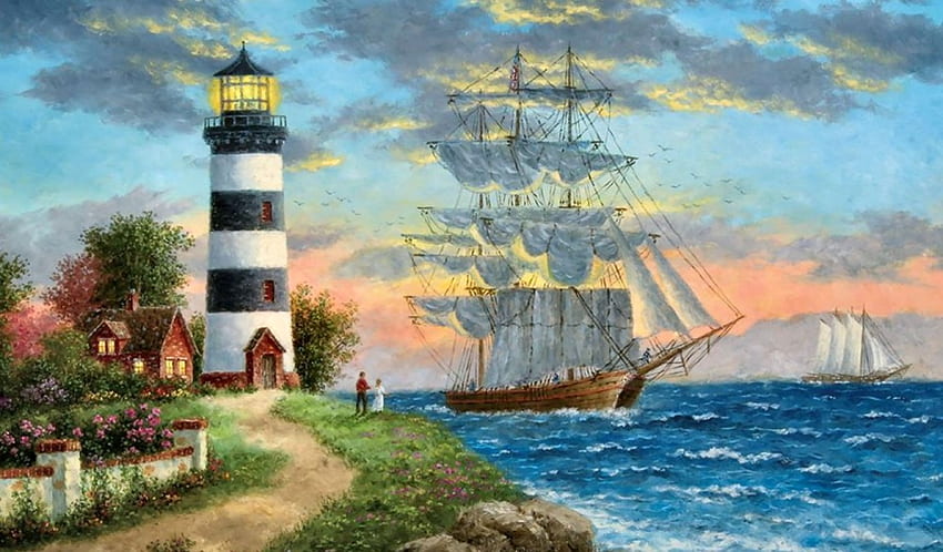 The Seafarer F2, lighthouse, architecture, art, sailboat, artwork, scenery, wide screen, painting, seascape HD wallpaper