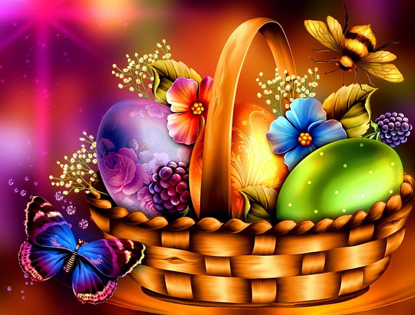 Happy easter, colorful, beautiful, eggs, basket, background, holiday, pretty, hop, flowers, happy, easter, lovely HD wallpaper