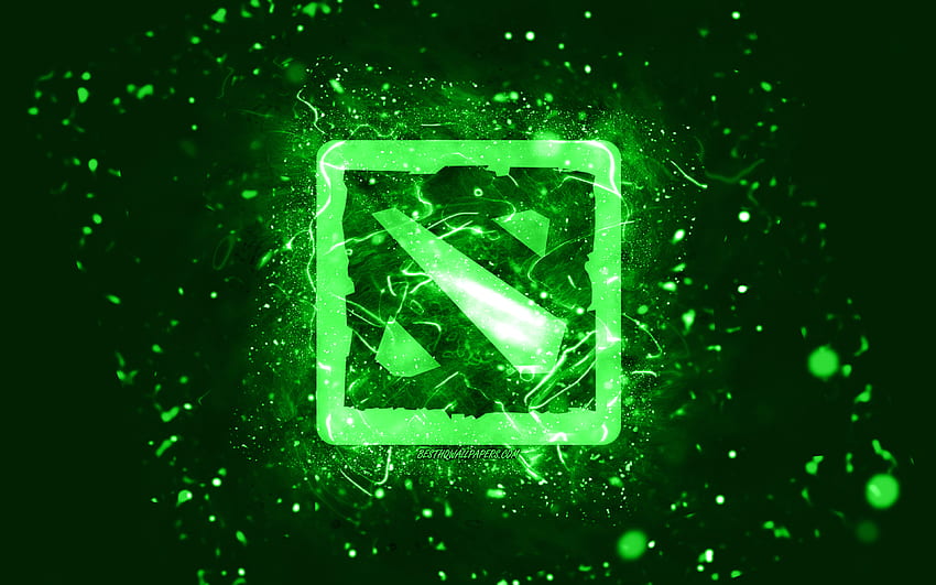 Dota 2 yeşil logo, yeşil neon ışıklar, yaratıcı, yeşil soyut arka plan, Dota 2 logosu, online oyunlar, Dota 2 HD duvar kağıdı