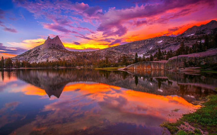 Tramonto glorioso, parco nazionale, riflessione, USA, Yosemite, montagne, lago, tramonto, California Sfondo HD