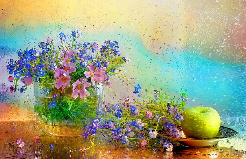 静物、カラフル、花束、雨、しずく、花瓶、美しい、繊細、きれい、果物、リンゴ、花、美しい 高画質の壁紙