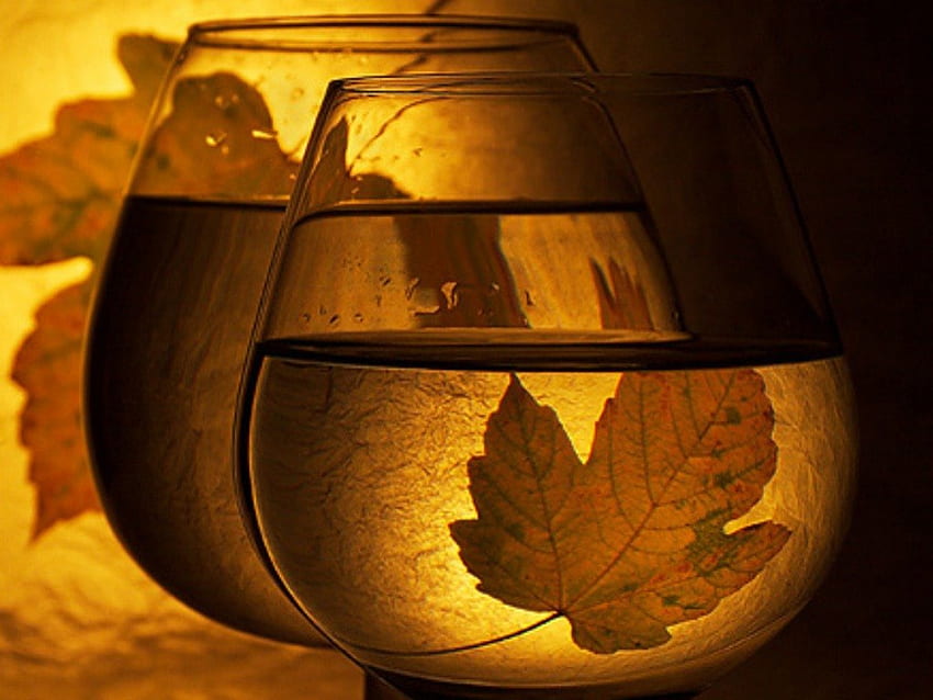 AUTUMN GLASS, autunno, arancio, foglie, vasi, luce, giallo, decorazioni, fresco, vetro, autunno, foglia Sfondo HD