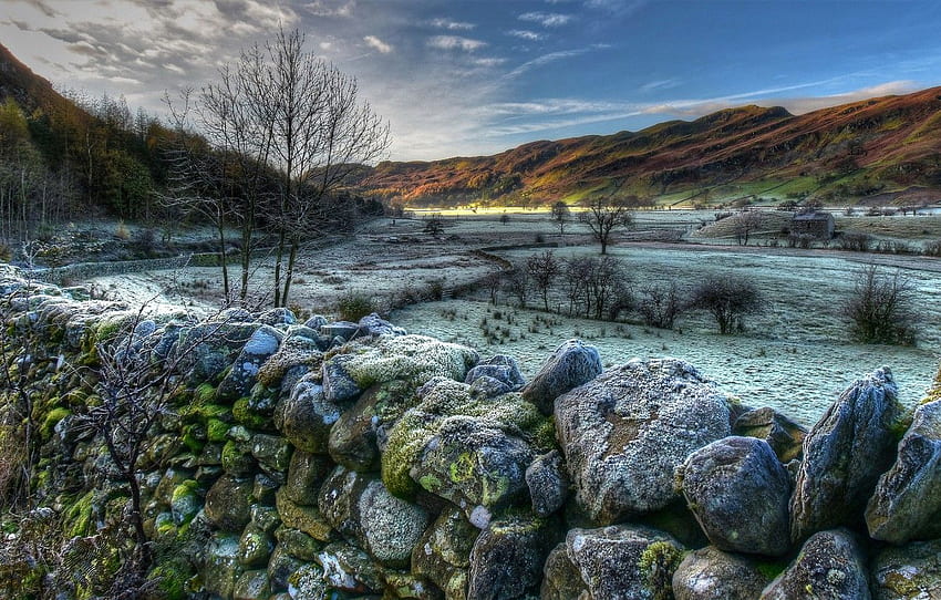 inverno, neve, Árvores, montanhas, Pedras, Colinas, campo, Inglaterra, musgo, R, vale, Cumbria, Lake District National Park for, seção пейзажи papel de parede HD