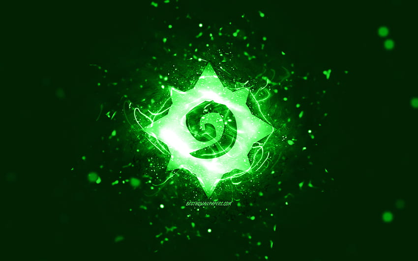 Hearthstone green logo, , green neon lights, creative, green abstract background, Hearthstone logo, online games, Hearthstone HD wallpaper