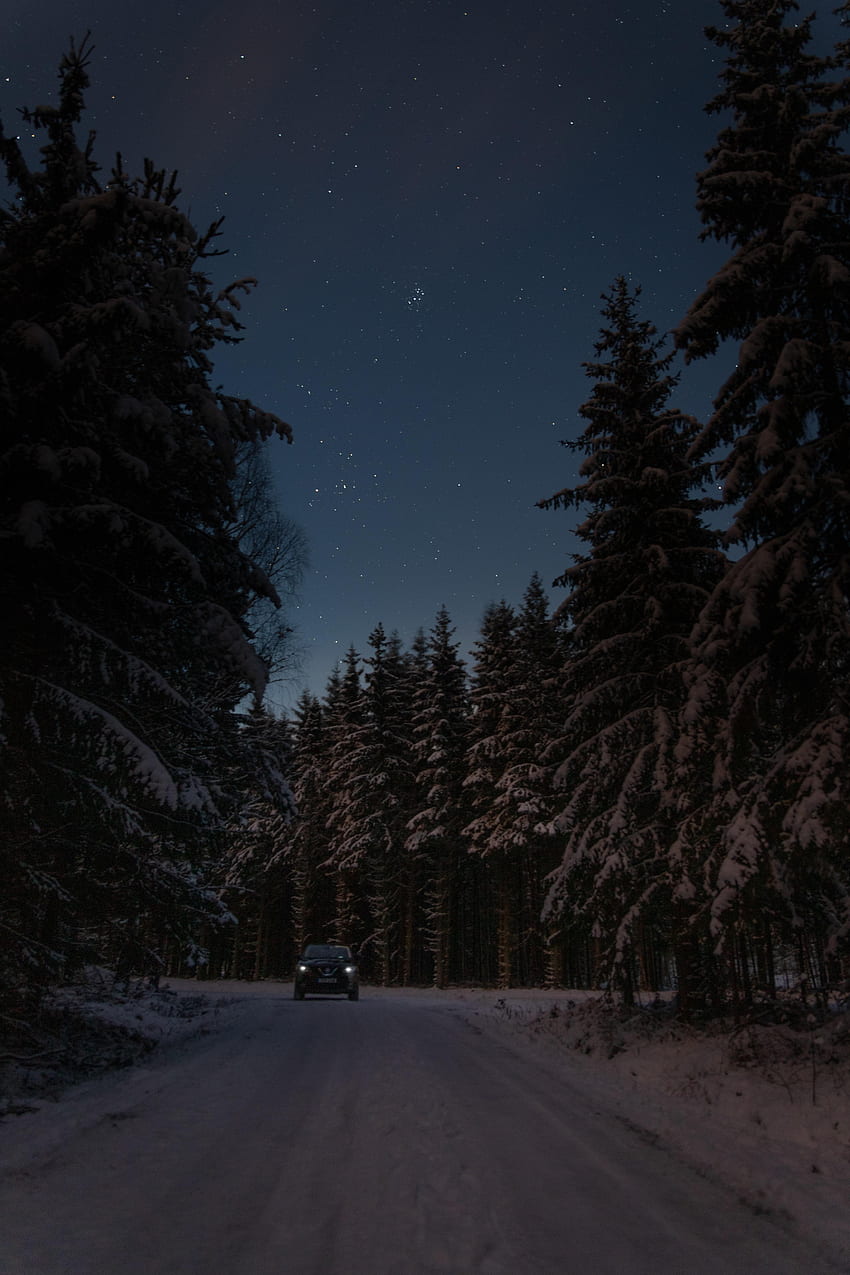 Winter, Night, Dark, Road, Car HD phone wallpaper