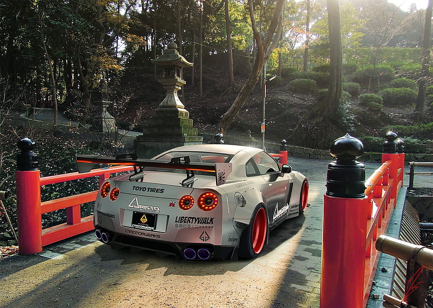 nissan gtr r35 liberty walk silver rear japan sport car HD wallpaper