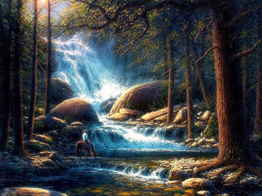 ✫Waterfall in Forest✫, riding, attractions in dreams, forests, paintings, waterfalls, beautiful, people, seasons, creative pre-made, landscapes, love four seasons, scenery, horses, scenic, nature, stunning HD wallpaper