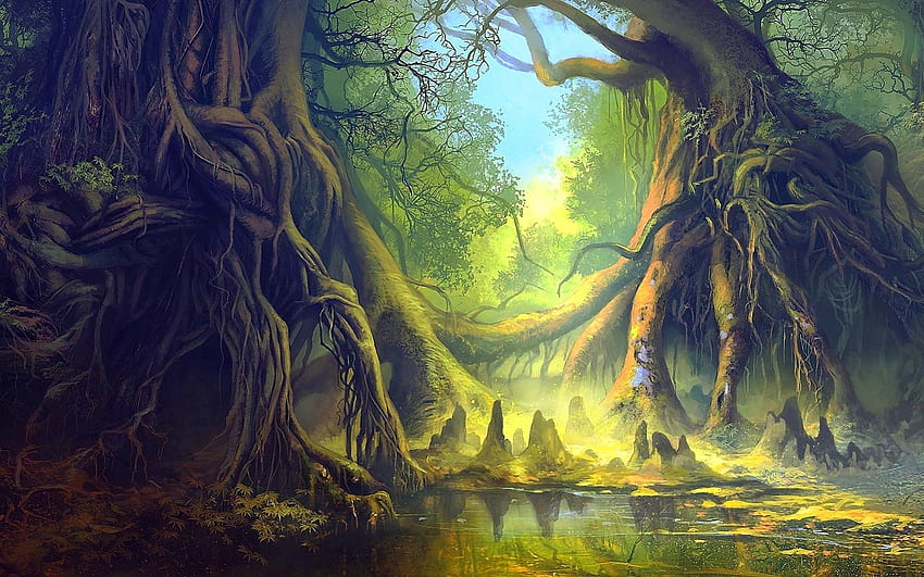 Hutan fantasi, warna warna, sihir, warna, cantik, elf, fantasi, hijau, lampu, pohon, kemegahan, negeri dongeng, hutan Wallpaper HD