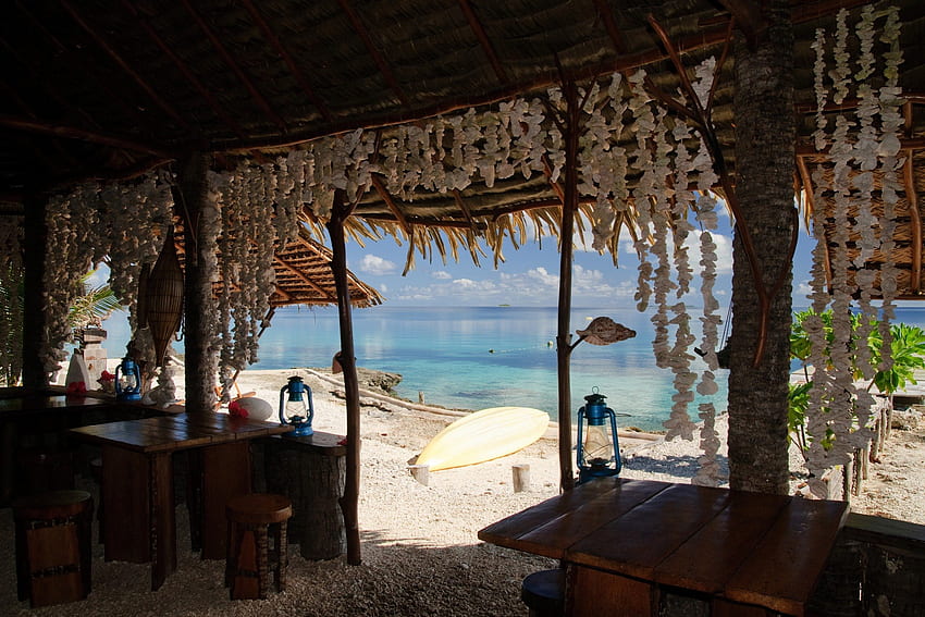 Beach Hut Restaurant - Table for Two - with Shells and Ornaments Fakarava, French Polynesia, island, blue, two, shells, sand, tropical, conch, beach, holiday, islands, ocean, table, sea, fakarava, escape, exotic, paradise, diner, food, lagoon, french, for, restaurant, breakfast, hut, tuamotu, atoll, polynesia HD wallpaper