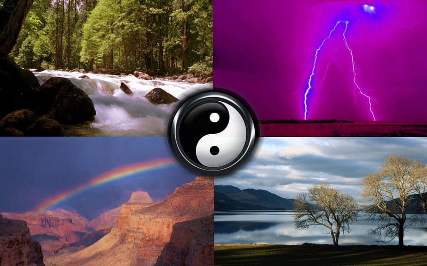 Les quatre saisons - Yin Yang, hiver, pluie, automne, couleurs, arcs-en-ciel, printemps, été, éclairs, feuilles, neige, vert Fond d'écran HD
