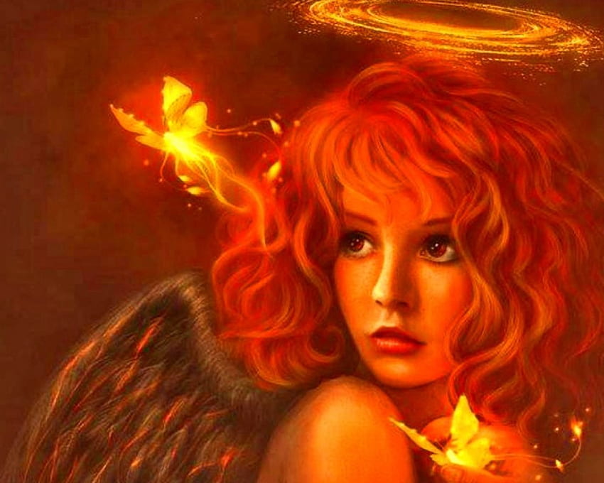 火の誕生、妖精、魔法、ファンタジー、女性、天使、赤毛、火 高画質の壁紙