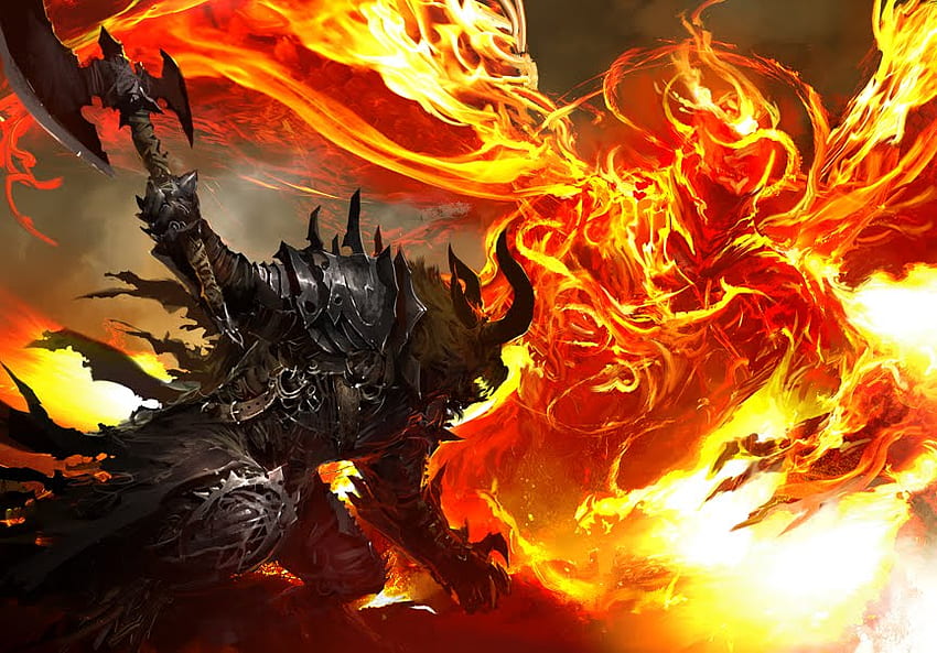 Minotaur Vs Fire elemental, fire elemental, minotaur, elemental, warrior HD wallpaper