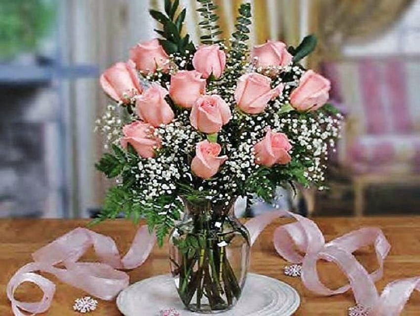すべてのお母さんへ、テーブル、ピンク、バラ、リボン、花瓶、赤ちゃんの息 高画質の壁紙