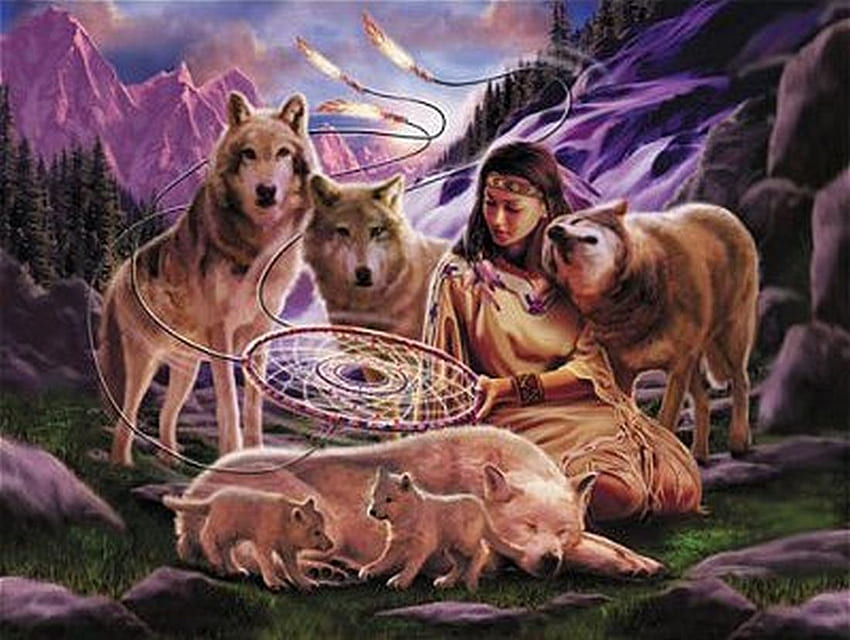 fantasía mística. Soñador con lobos osos fantasía nativa mística - . Arte nativo americano, Arte nativo americano, Nativos americanos fondo de pantalla