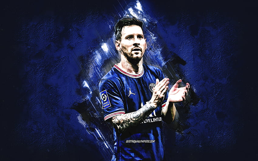 Lionel Messi, Paris Saint-Germain, Messi-Kunst, argentinischer Fußballer, Porträt, PSG, dunkelblauer Steinhintergrund, Leo Messi-Kunst HD-Hintergrundbild