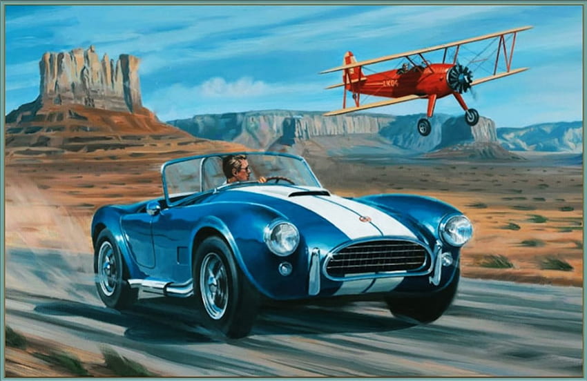 Una cobra en Monument Valley, Monument Valley, pintura, cobra, automóvil, ac cobra, avión, montañas, automóvil clásico fondo de pantalla