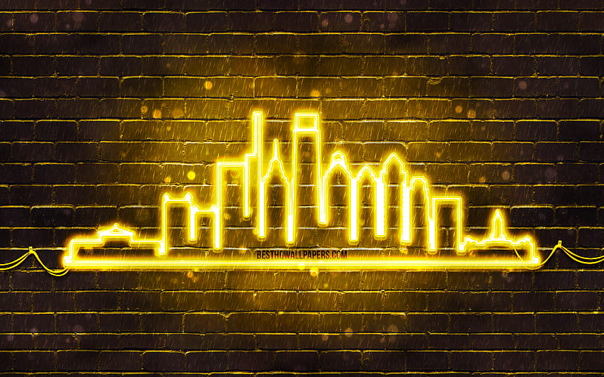 Philadelphia yellow neon silhouette, , yellow neon lights, Philadelphia skyline silhouette, yellow brickwall, american cities, neon skyline silhouettes, USA, Philadelphia silhouette, Philadelphia HD wallpaper