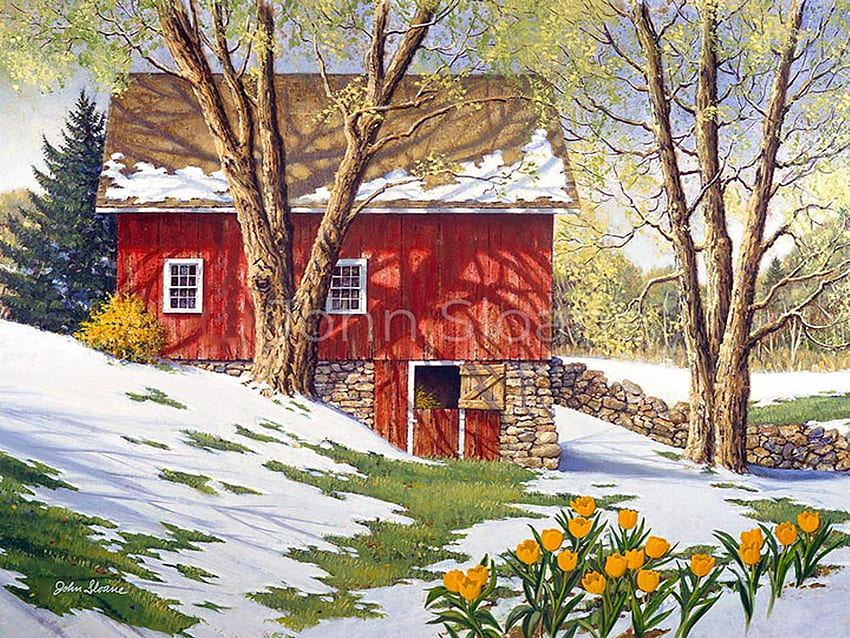 Spring Thaw, snow, house, painting, trees, spring, tulips HD wallpaper