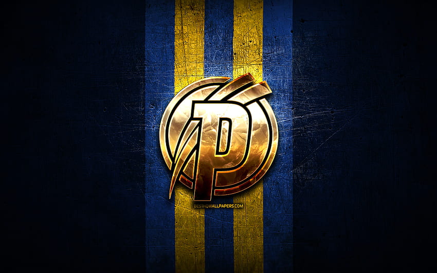 Puskas Akademia FC, złote logo, OTP Bank Liga, niebieskie metalowe tło, piłka nożna, węgierski klub piłkarski, logo Puskas Akademia FC, Węgry, Puskas Akademia Tapeta HD