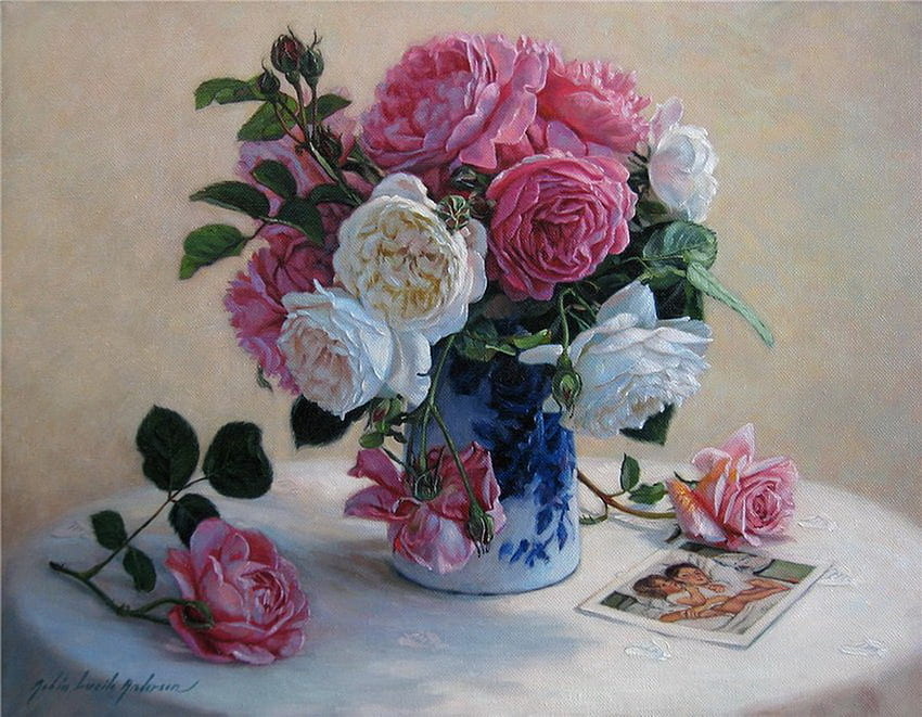 Ładny wazon, niebieski, stół, róże, wazon, zapach, kwiaty Tapeta HD