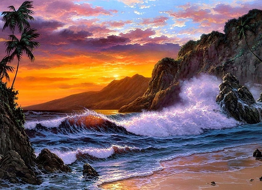 楽園の夕日、海、海、夕日、ビーチ、夢の中のアトラクション、楽園、色、絵画、美しい、夏、四季を愛する、波、自然 高画質の壁紙