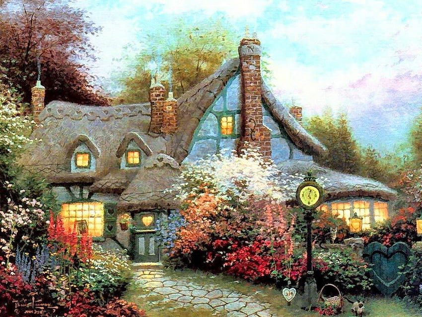 Sweetheart cottage, pacífico, callejones, primavera, serenidad, agradable, pintura, árboles, vollage, camino, casa, hermoso, cabaña, verano, bonita, luces, cielo, flores, cottage, encantador, calma, cariño fondo de pantalla