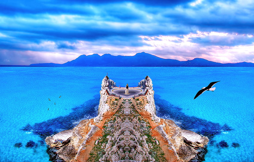 Tangga ke surga, pulau, tangga, burung, tangga, samudra, pantai Wallpaper HD