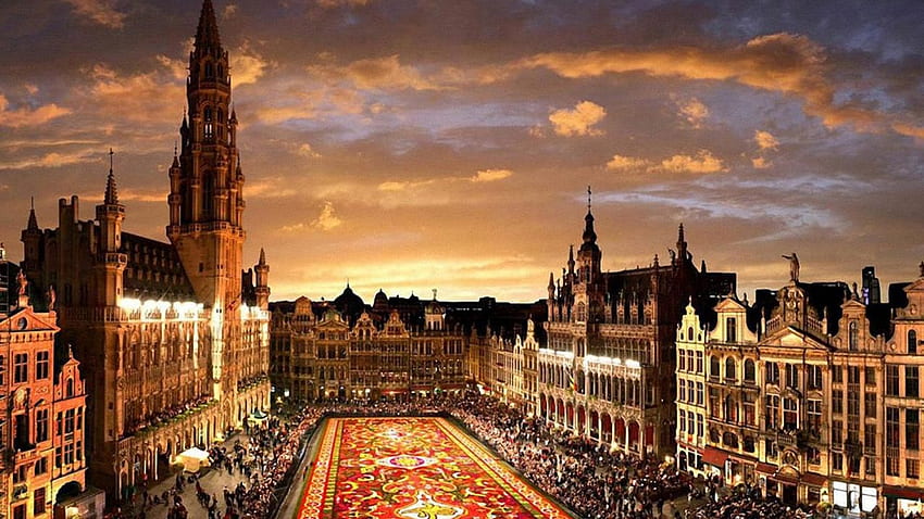 Brussels, Belgium, Flower Carpet at the Grand Place (Grote Markt) at Sunset HD wallpaper