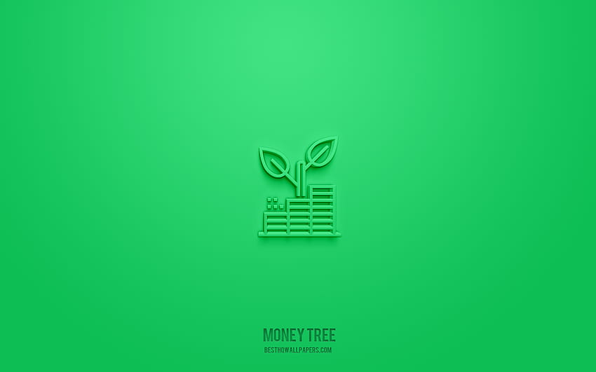 Icône 3d d'arbre d'argent, fond vert, symboles 3d, arbre d'argent, icônes d'affaires, icônes 3d, signe d'arbre d'argent, icônes 3d d'affaires Fond d'écran HD