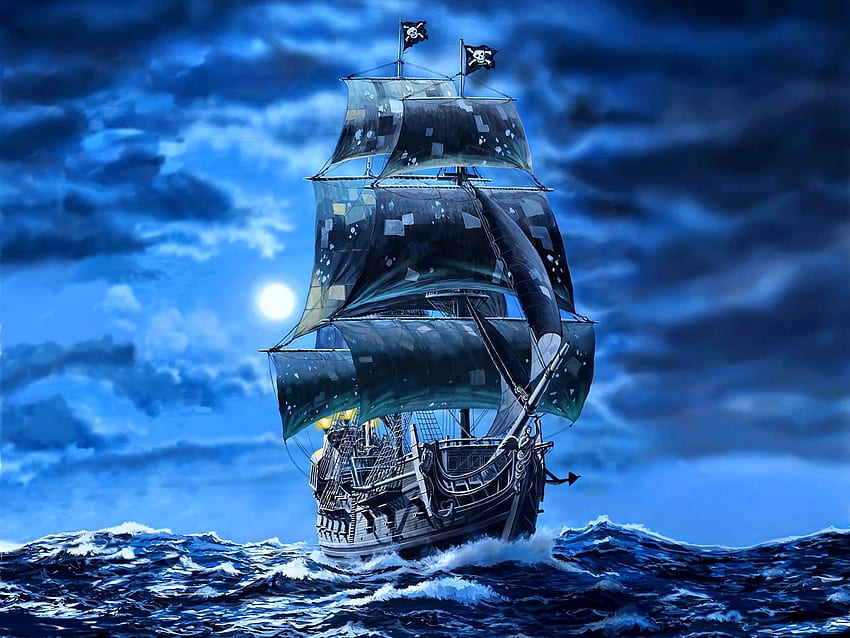 Black pearl sail ship, pirates, sea, art HD wallpaper