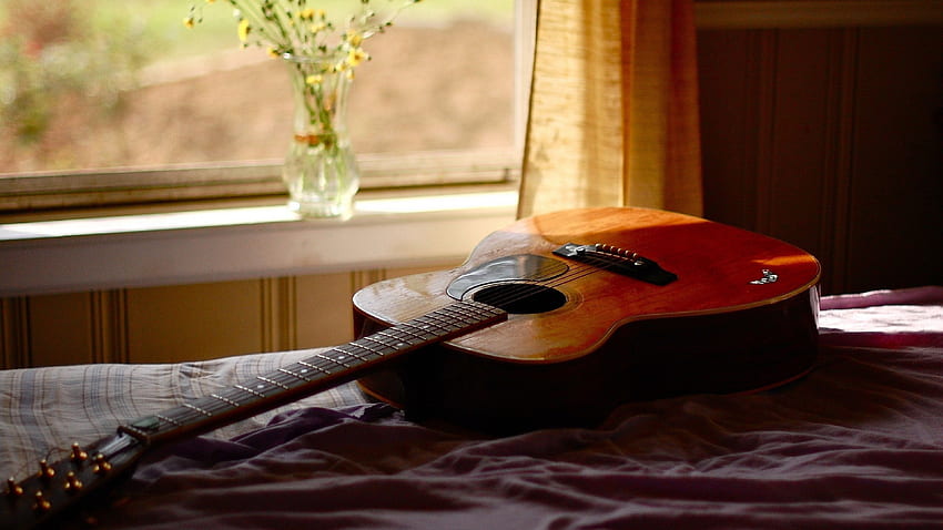 Guitar, Instrument, Bed, Vase, Music for U TV HD wallpaper