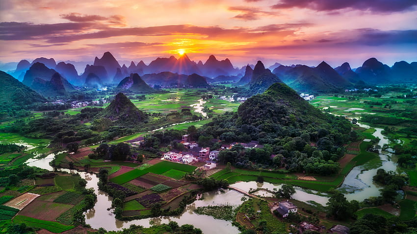Città di Guilin, Cina, tramonto, bello, campi verdi, villaggio, natura Sfondo HD