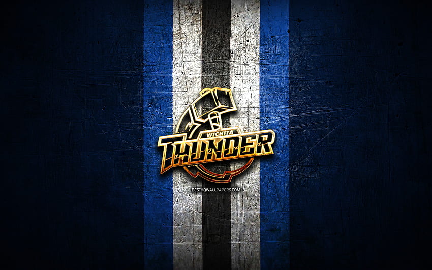 Wichita Thunder, goldenes Logo, ECHL, blauer Metallhintergrund, amerikanisches Hockeyteam, Wichita Thunder-Logo, Hockey HD-Hintergrundbild