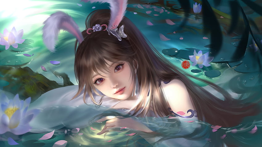 Anime Girls Animal Ears Bunny Ears Xiao Wu Water In Water Płatki Eyebags - Rozdzielczość: Tapeta HD
