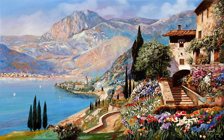 Verso Torbole, lago de Garda, Italia, pintura, paisaje, árboles, casas, montañas, pueblo fondo de pantalla
